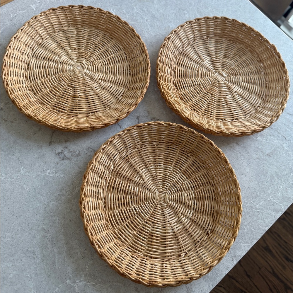 Set of Three Woven wicker Rattan Plates for dining or wall hanging 9.5”